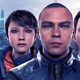 Three androids from the video game Detroit: Become Human, stare blankly at the camera as a futuristic city looms in the background.